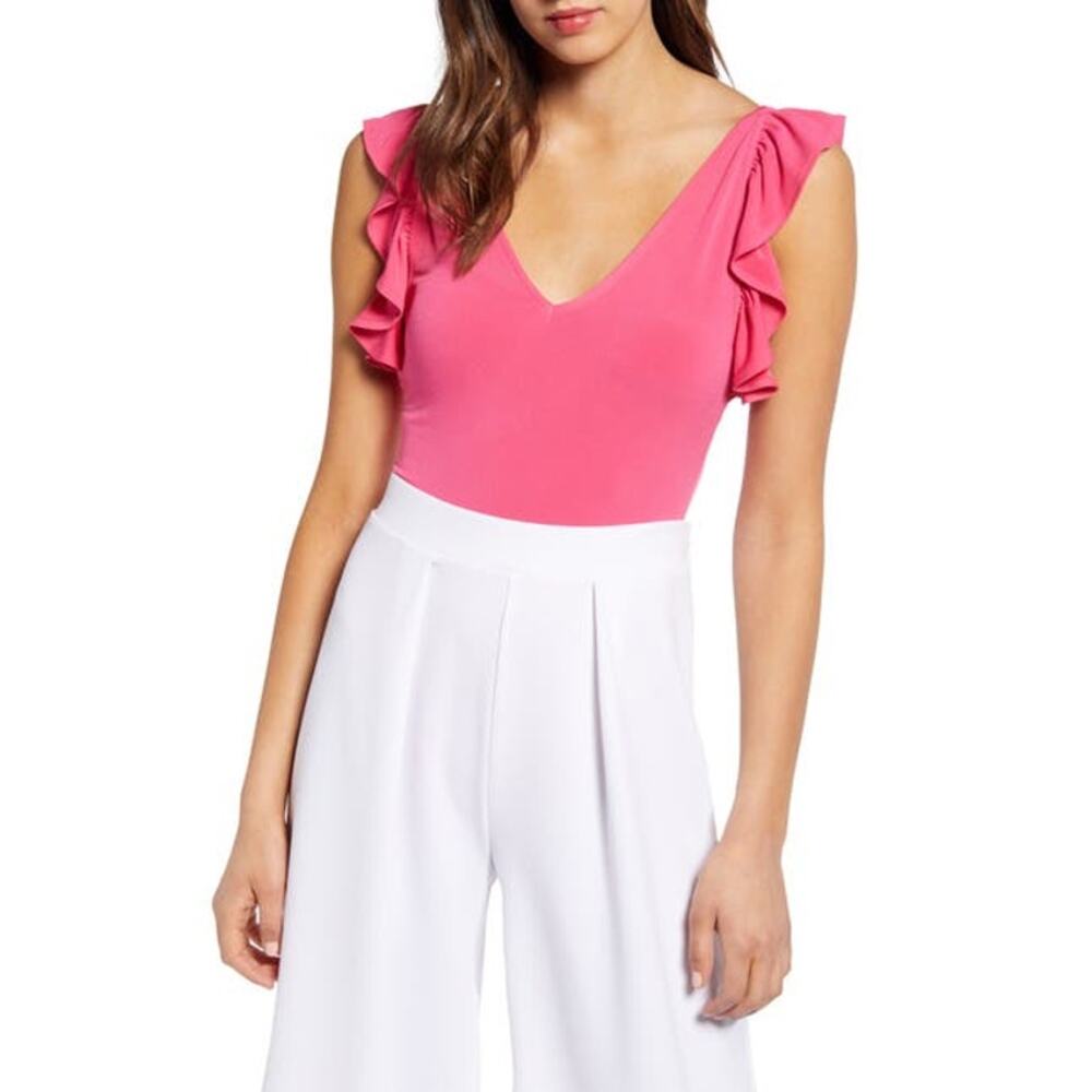 Hot Pink Magenta Bodysuit Ruffle Flutter Sleeve Thong  Women's 1X 2X 4X - Picture 3 of 7
